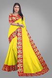 Solid, Woven Daily Wear Cotton Blend Saree red yellow