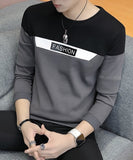 Color Block Men Round Neck Grey T-Shirt charcoal grey- black-white