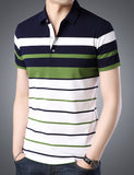 Striped Men Polo Neck Dark Blue T-Shirt Auto Striper7-Whie-Dark Navy-Green