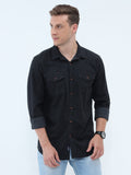 Men Washed Casual Blue Shirt Black