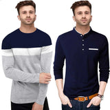 Solid Men Mandarin Collar White, Blue T-Shirt Blue, Grey