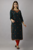 Women Embroidered Straight Kurta Dark Green